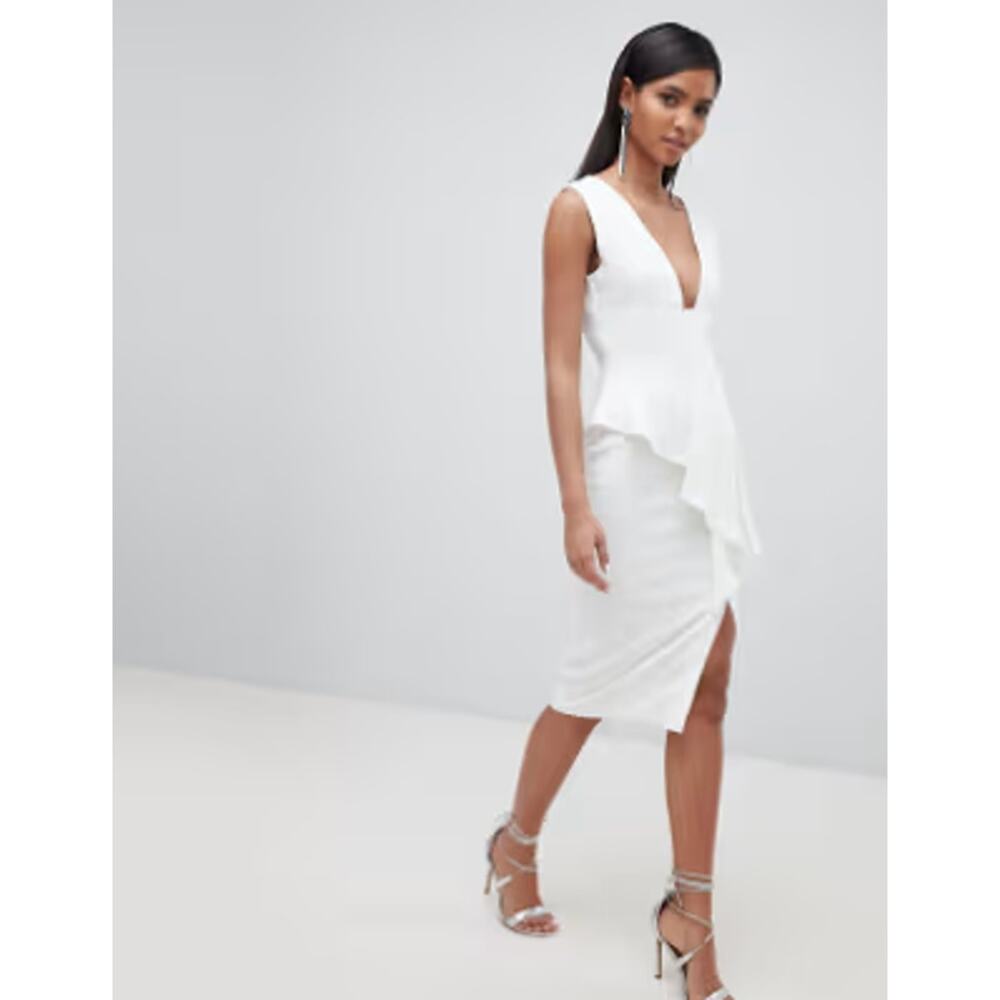 Lavish Alice White Asymmetrical Plunge Front Midi Dress